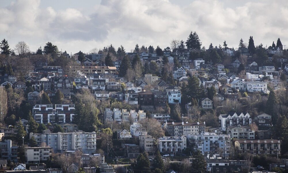 Homes in Seattle are seen from Ella Bailey Park in February. (Amanda Snyder / The Seattle Times)